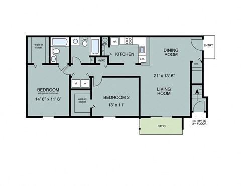 Floor plan for 2 beds, 2 baths, 1087 sqft